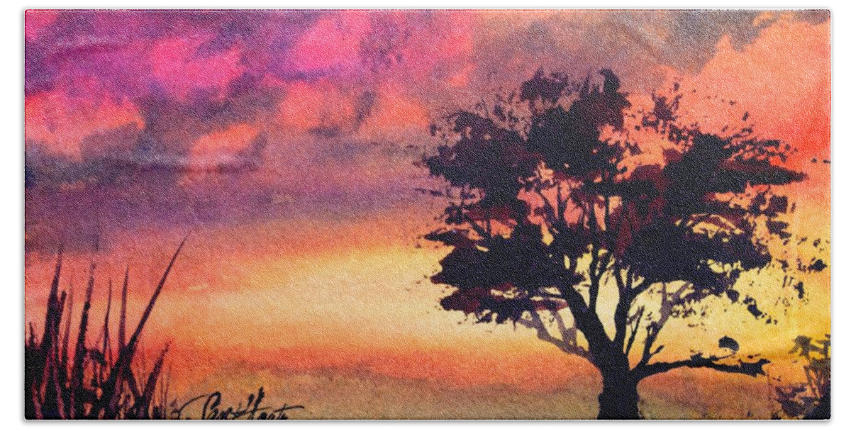Red Bath Towel featuring the painting Sunset Solitaire by Frank SantAgata