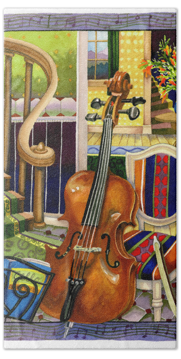 Cello Painting Hand Towel featuring the painting The Music Lesson #1 by Anne Gifford