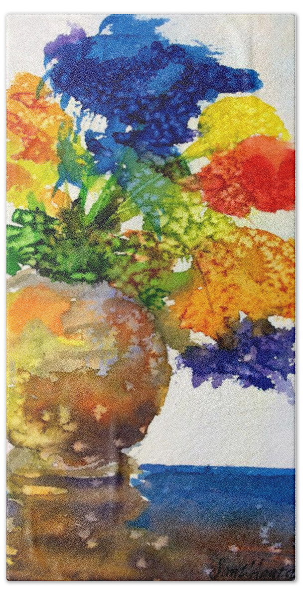Vase Bath Towel featuring the painting Vase with Flowers #1 by Frank SantAgata