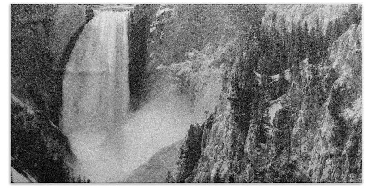 Yellowstone Hand Towel featuring the photograph Yellowstone Waterfalls in Black and White #1 by Sebastian Musial