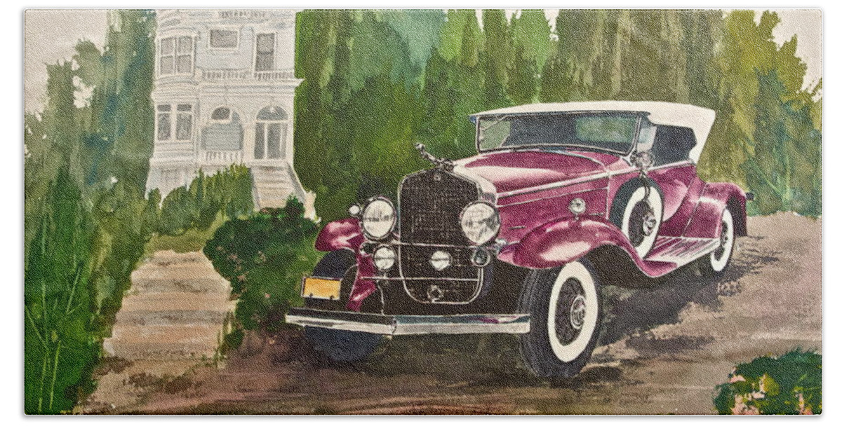 1930 Hand Towel featuring the painting 1930 Cadillac II by Frank SantAgata