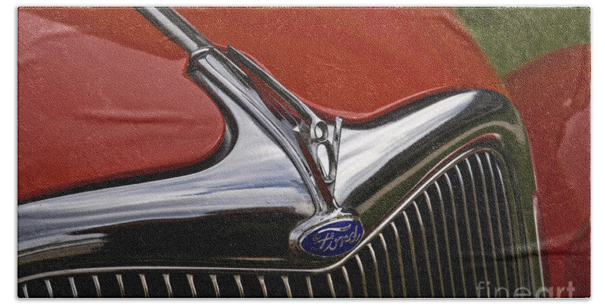 1936 Hand Towel featuring the photograph 1936 Ford V8 Hood Ornament by Tim Mulina