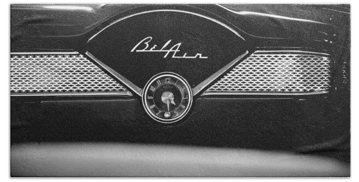1955 Bel Air Bath Towel featuring the photograph 1955 Chevy Bel Air Glow Compartment in Black and White by Sebastian Musial