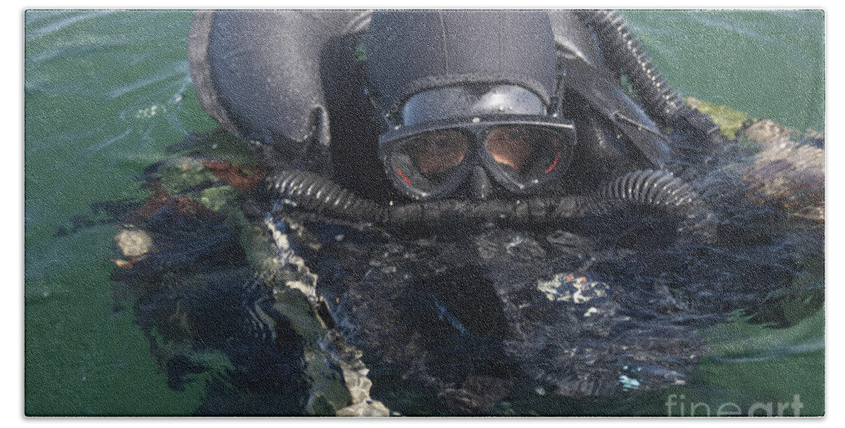 Diving Suit Hand Towel featuring the photograph A Navy Seal Combat Swimmer #2 by Michael Wood