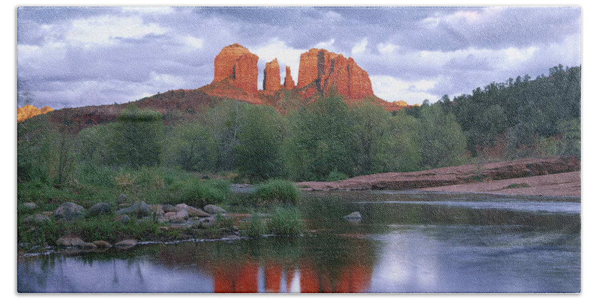 00175004 Bath Towel featuring the photograph Cathedral Rock Reflected In Oak Creek #2 by Tim Fitzharris