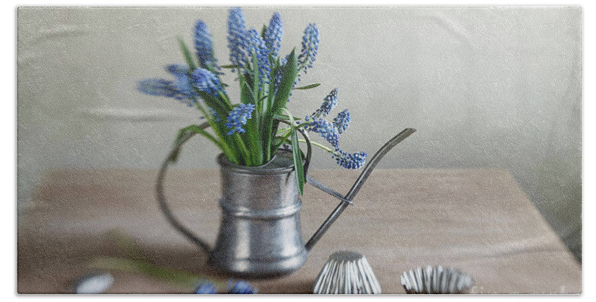 Metal Bath Sheet featuring the photograph Still life with grape hyacinths by Nailia Schwarz