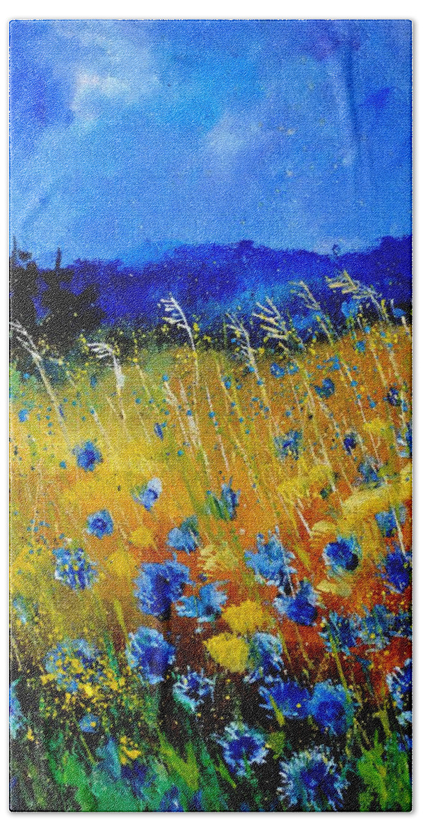 Flowers Bath Towel featuring the painting Blue cornflowers by Pol Ledent