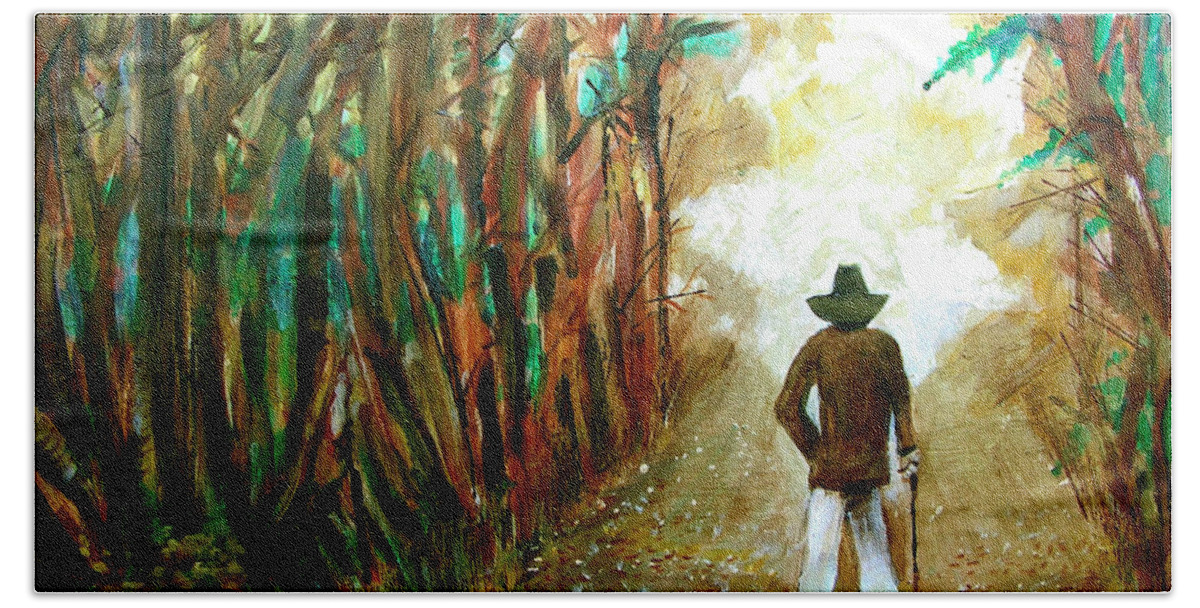 A Fall Walk In The Woods Bath Towel featuring the painting A Fall Walk in the Woods by Seth Weaver