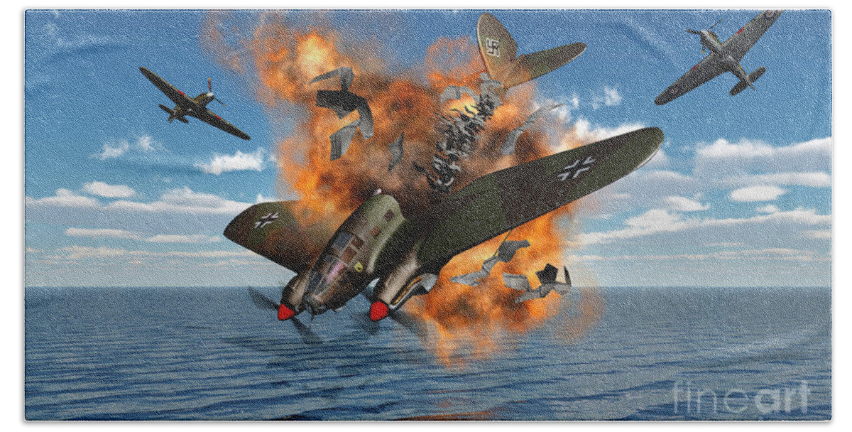 Motion Bath Towel featuring the digital art A German Heinkel Bomber Crashes by Mark Stevenson