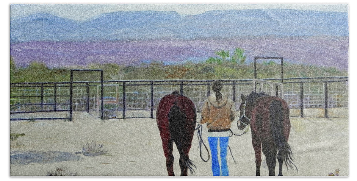 Horses Hand Towel featuring the painting Texas - A Good Ride by Christine Lathrop