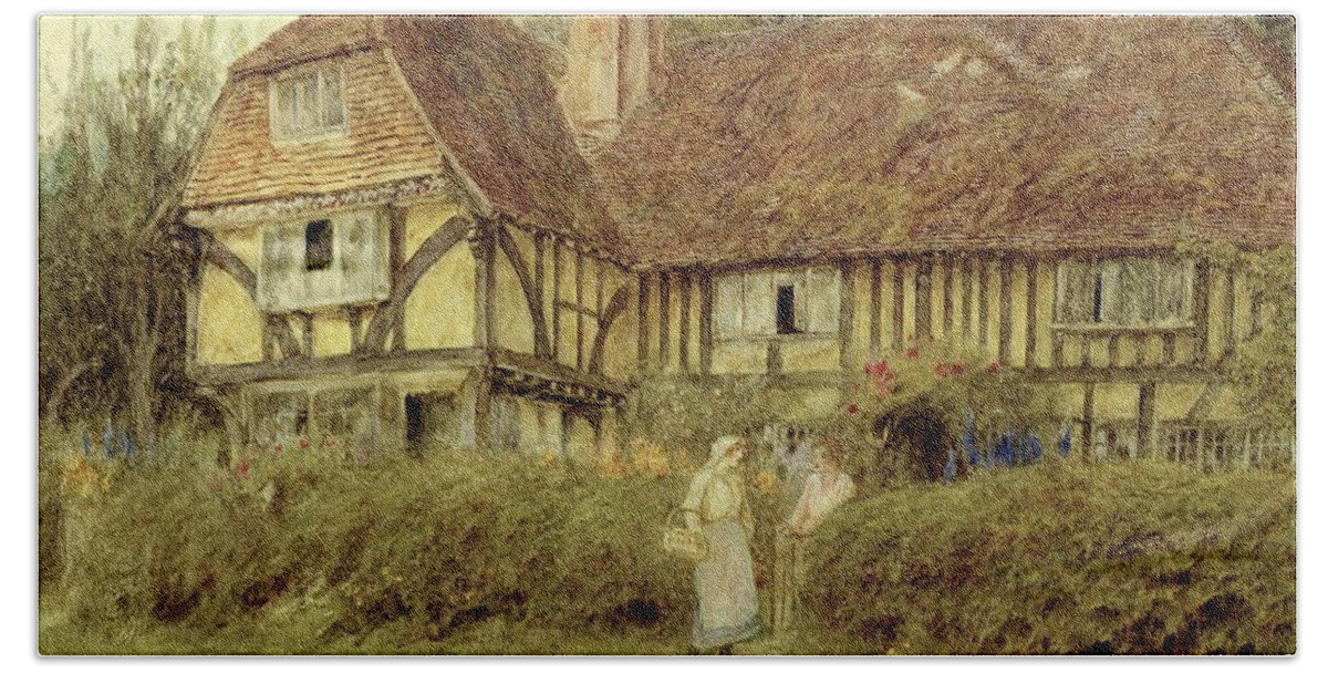 A Kentish Cottage Bath Towel featuring the painting A Kentish Cottage by Helen Allingham