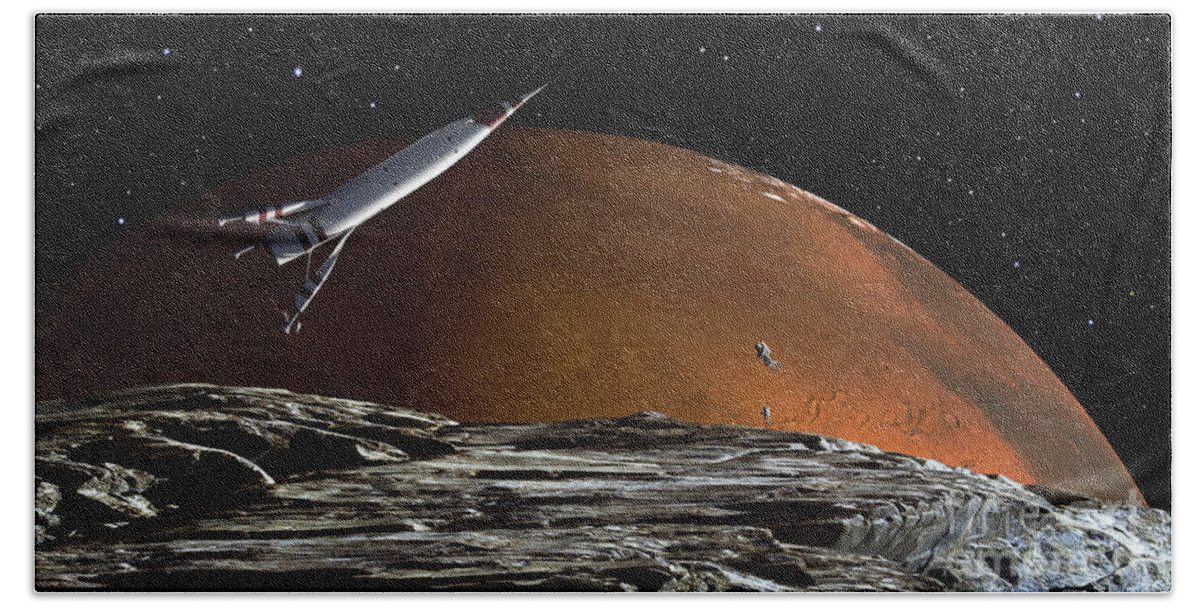 Mars Bath Towel featuring the digital art A Spaceship In Orbit Over Mars Moon by Frank Hettick