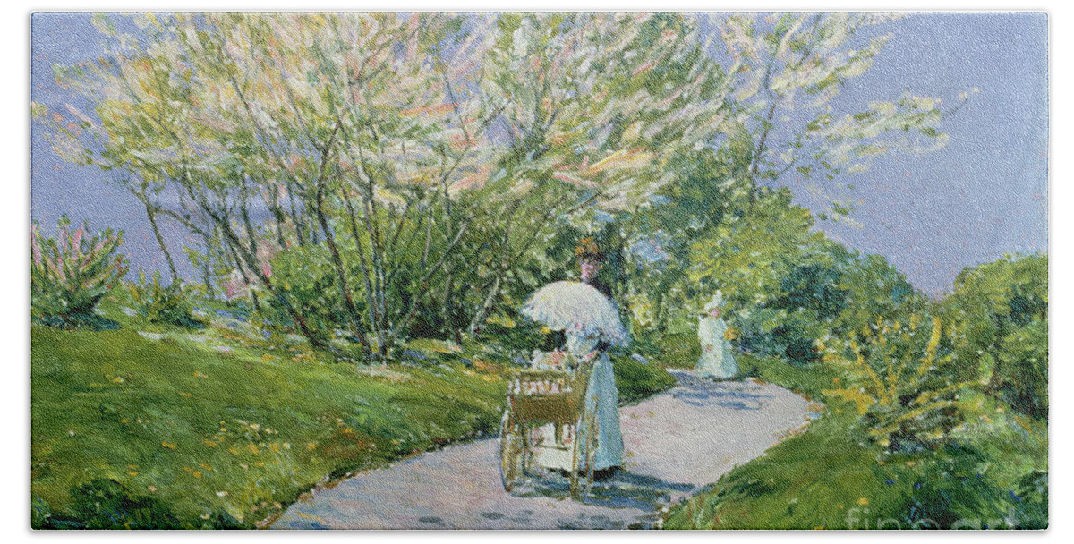 A Walk In The Park (oil) By Childe Hassam (1859-1935) Landscape Bath Towel featuring the painting A Walk in the Park by Childe Hassam