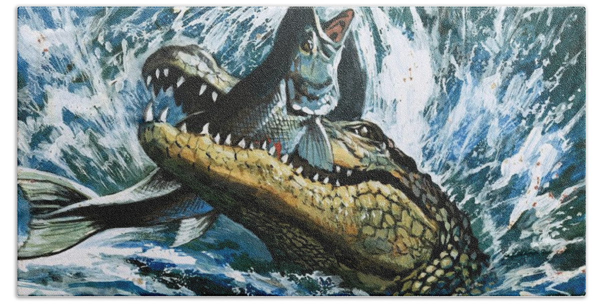 Fish; Eating; Fishing; Water; Splash; Alligator Hand Towel featuring the painting Alligator Eating Fish by English School