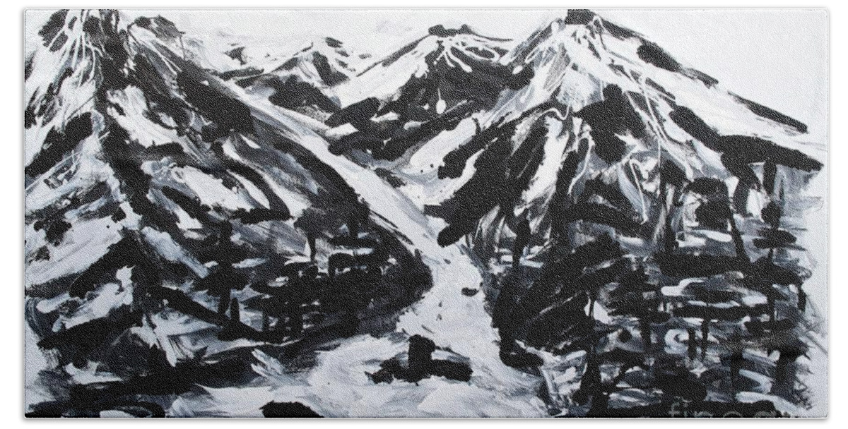 Mixed Media Painting Bath Towel featuring the painting Alps Black And White Painting by Lidija Ivanek - SiLa