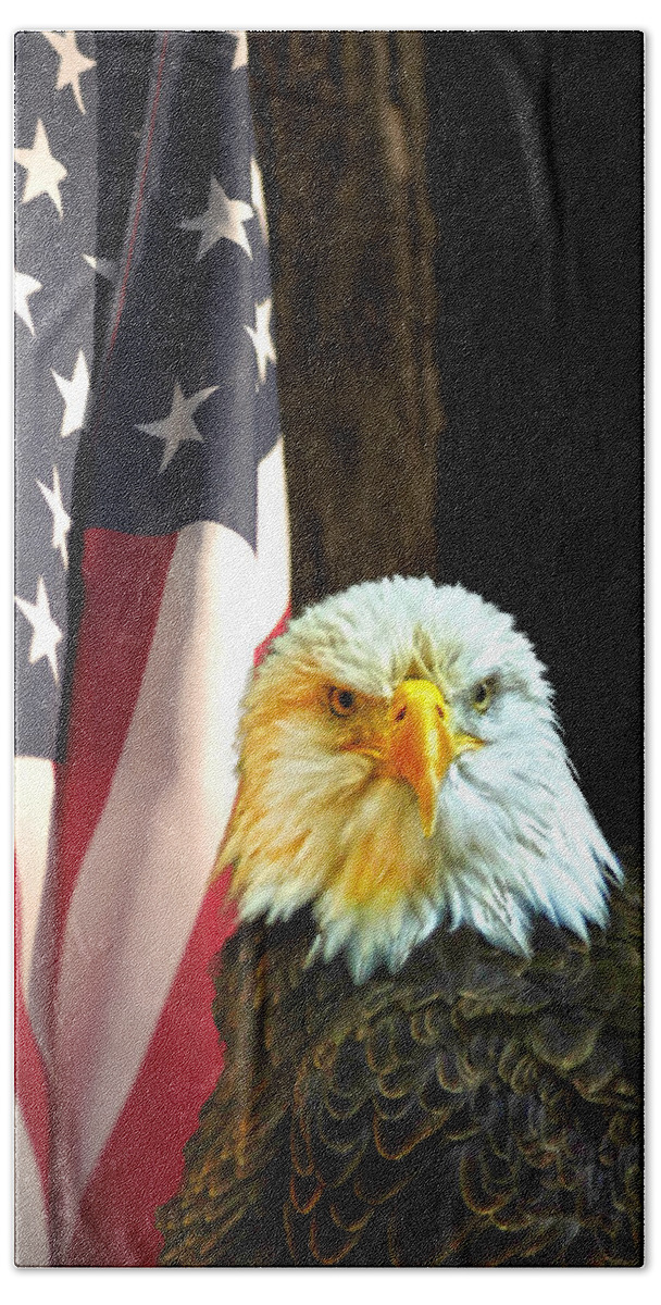 Eagle Flag Hand Towel featuring the photograph American Eagle And American Flag by Randall Branham