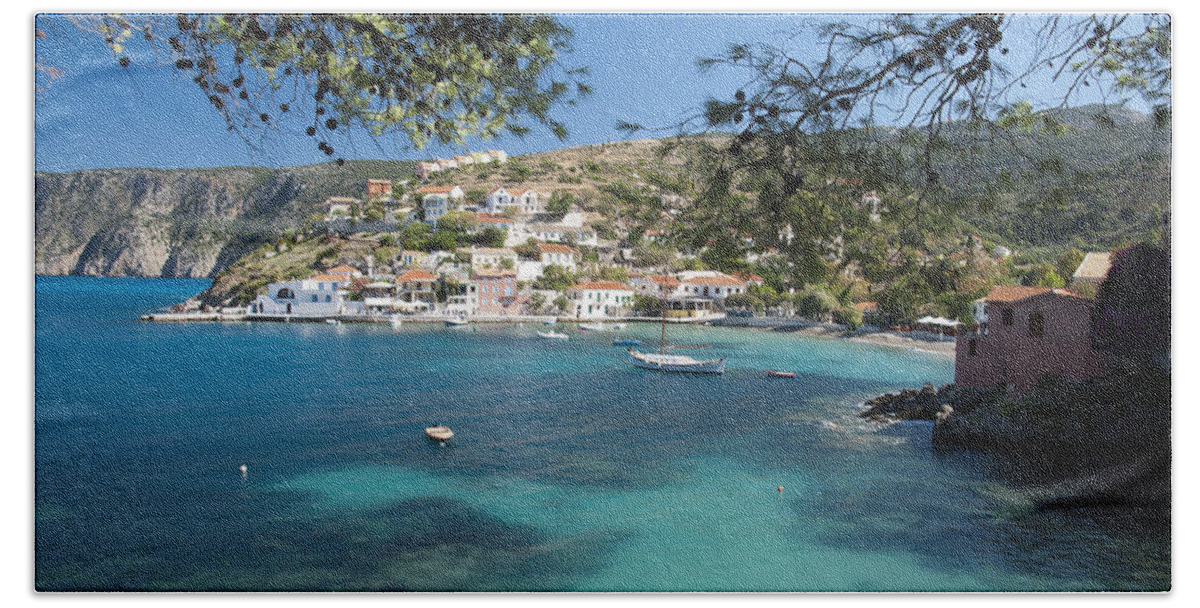 Assos Harbor In Greece Hand Towel featuring the photograph Assos in Kefalonia by Rob Hemphill