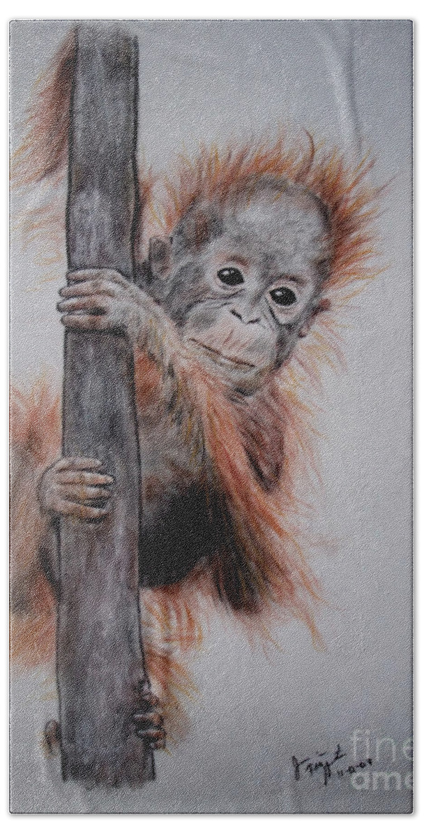 Baby Orangutan Hand Towel featuring the drawing Baby Orangutan by Jim Fitzpatrick