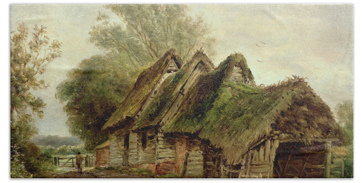 Barn; Rural; Fence; Thatched Roof Hand Towel featuring the painting Barns at Flatford by John Moore of Ipswich
