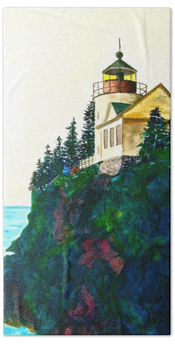 Bass Hand Towel featuring the painting Bass Harbor Light by Frank SantAgata