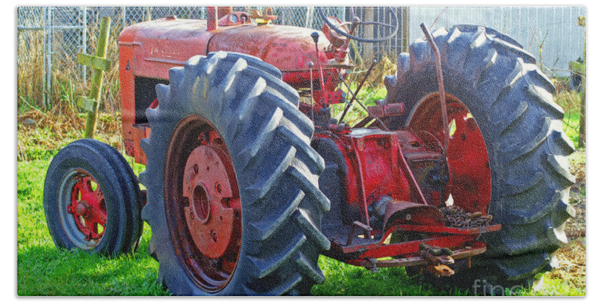 Tractors Hand Towel featuring the photograph Big Red Rubber Tire Tractor by Randy Harris