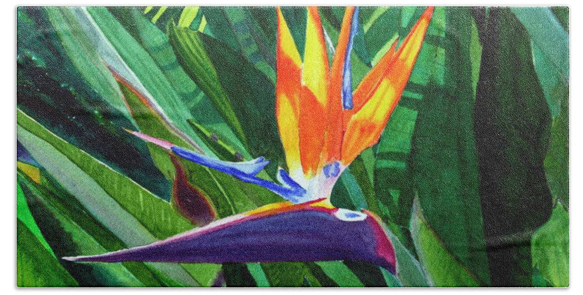 Flower Bath Towel featuring the painting Bird-of-Paradise by Mike Robles