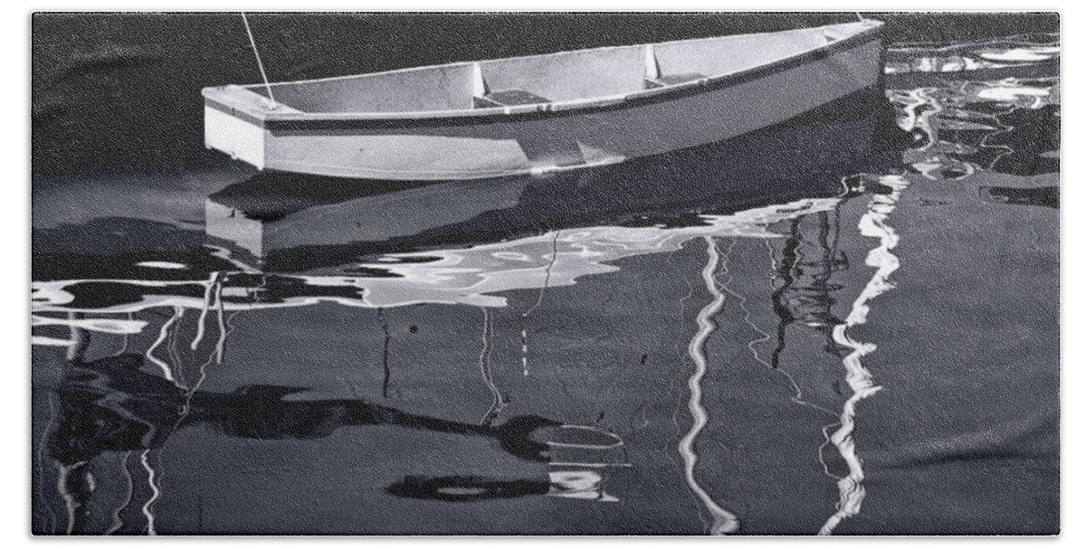 Black And White Hand Towel featuring the photograph Black and white photograph of a tethered boat in Victoria Harbor by Randall Nyhof