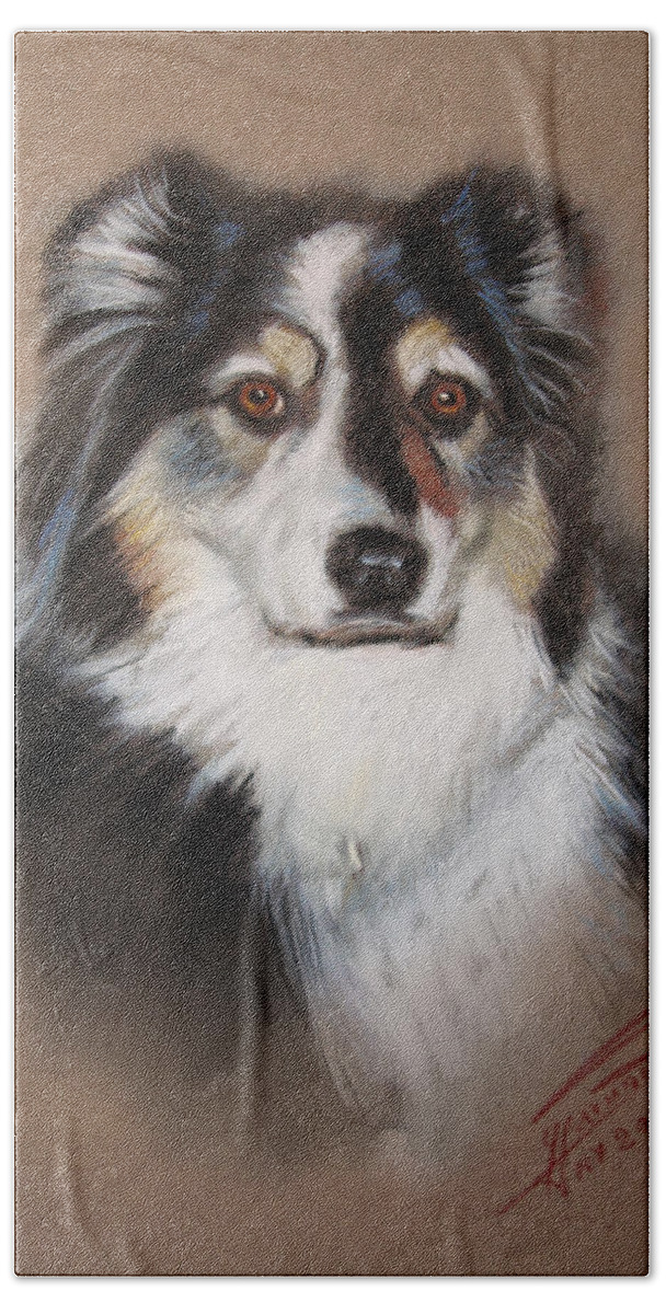 Finnish Lapphund Hand Towel featuring the pastel Black and White by Ylli Haruni