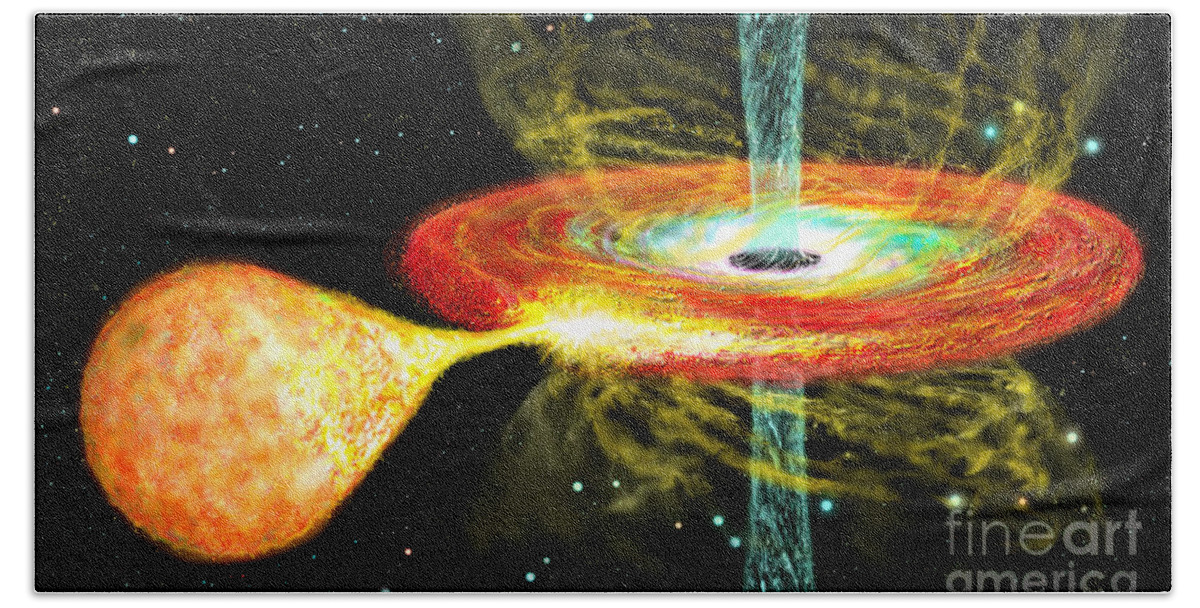 Accretion Hand Towel featuring the digital art Black Hole with orbiting star and accretion disk by Russell Kightley
