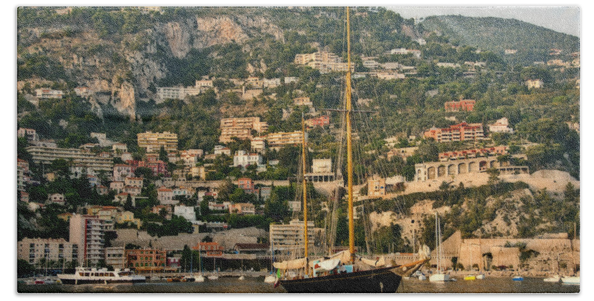 French Riviera. Villafranche Bath Towel featuring the photograph Black Sailboat by Steven Sparks