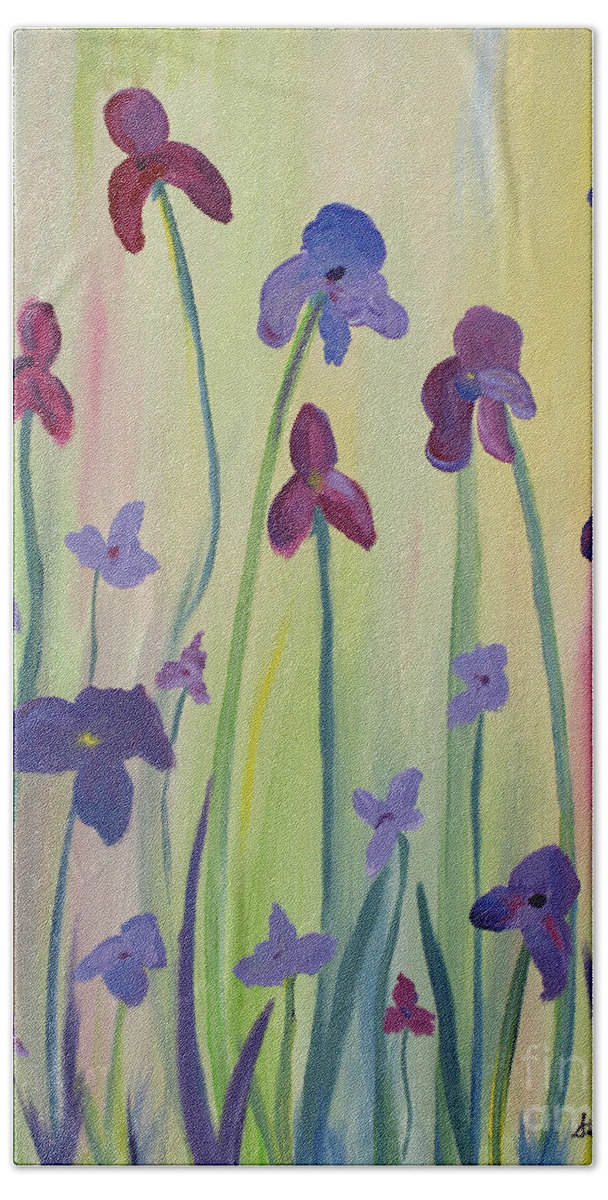 Iris Hand Towel featuring the painting Blooming Irises by Stacey Zimmerman