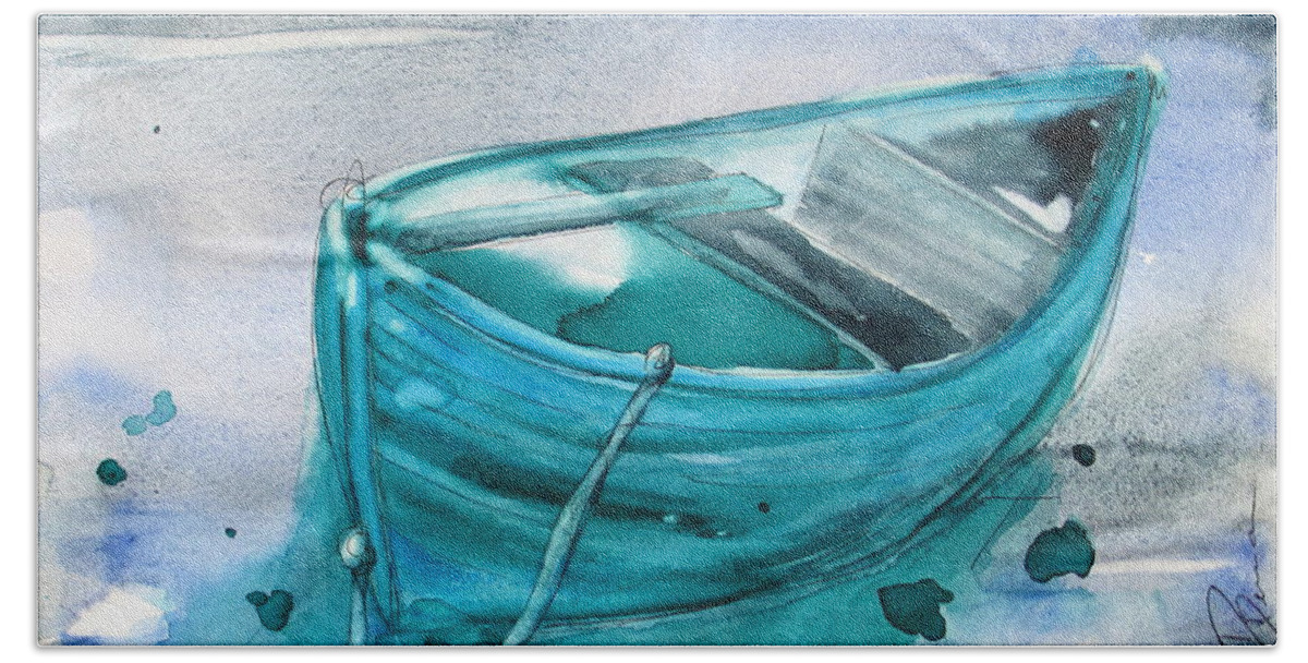 Boat Bath Towel featuring the painting Blue Boat by Dawn Derman