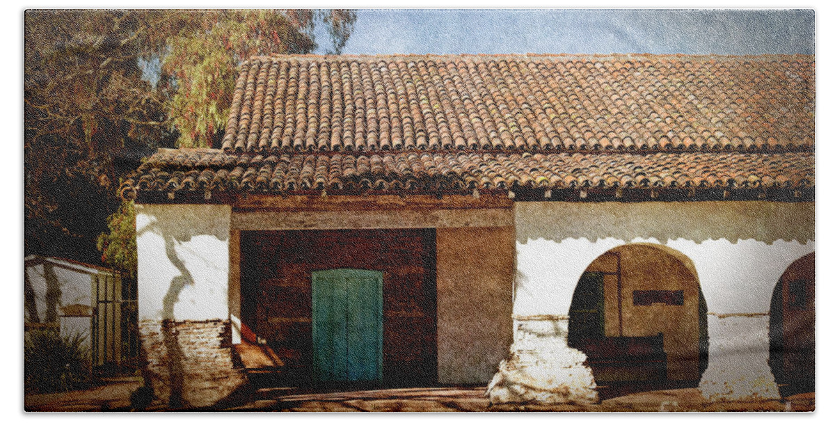 San Juan Bautista Bath Towel featuring the photograph Blue Door at San Juan Bautista by Laura Iverson