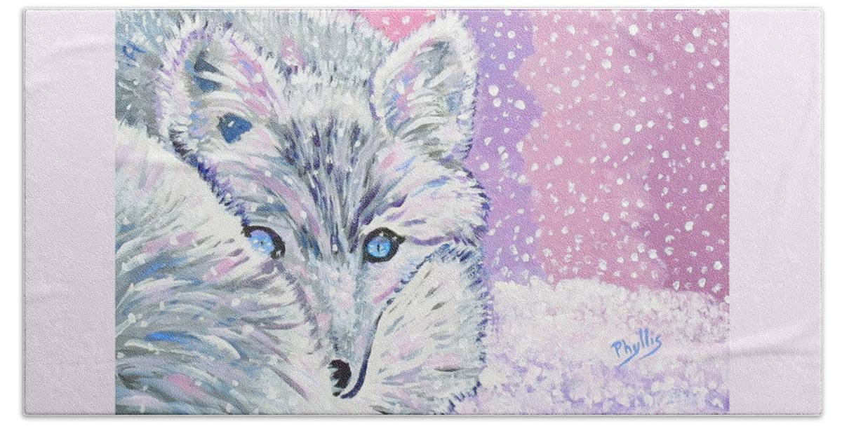 Fox Bath Sheet featuring the painting Blue Eyed Snow Fox by Phyllis Kaltenbach