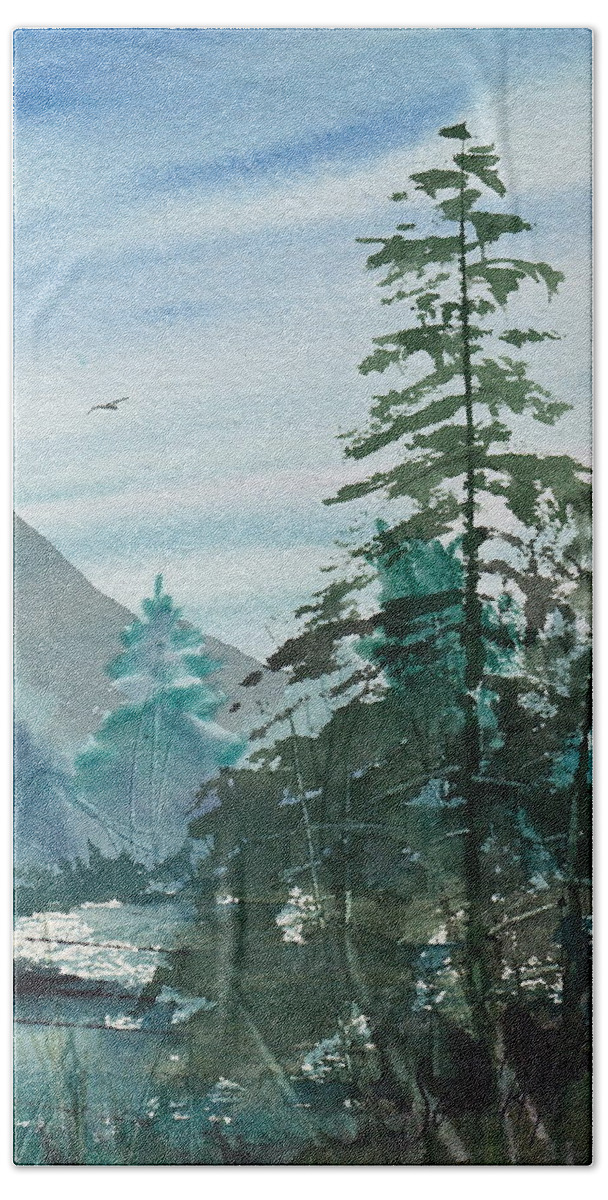 Mountains Hand Towel featuring the painting Blue Green pines by Frank SantAgata