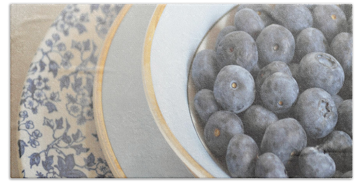 Blueberries Bath Towel featuring the photograph Blueberries in blue and white china bowl by Lyn Randle