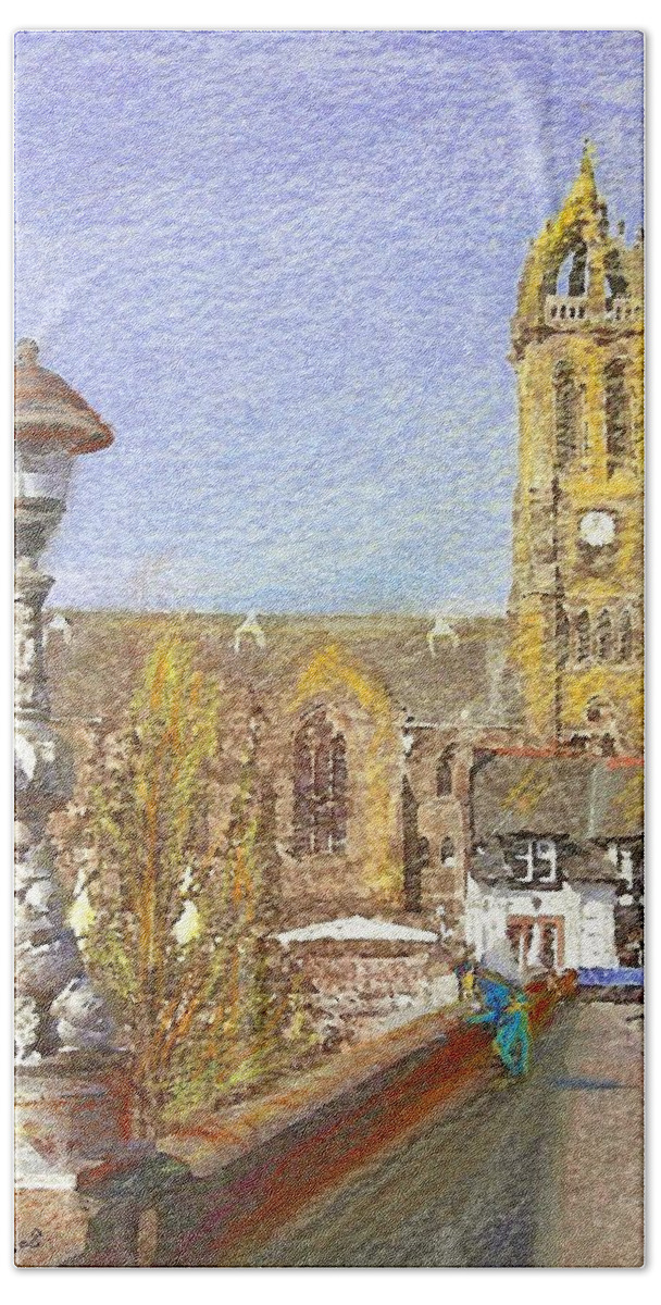 Church Hand Towel featuring the painting View along the Bridge - PEEBLES by Richard James Digance