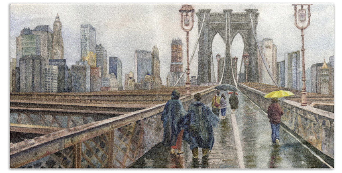 Brooklyn Bridge Painting Bath Towel featuring the painting Brooklyn Bridge by Anne Gifford