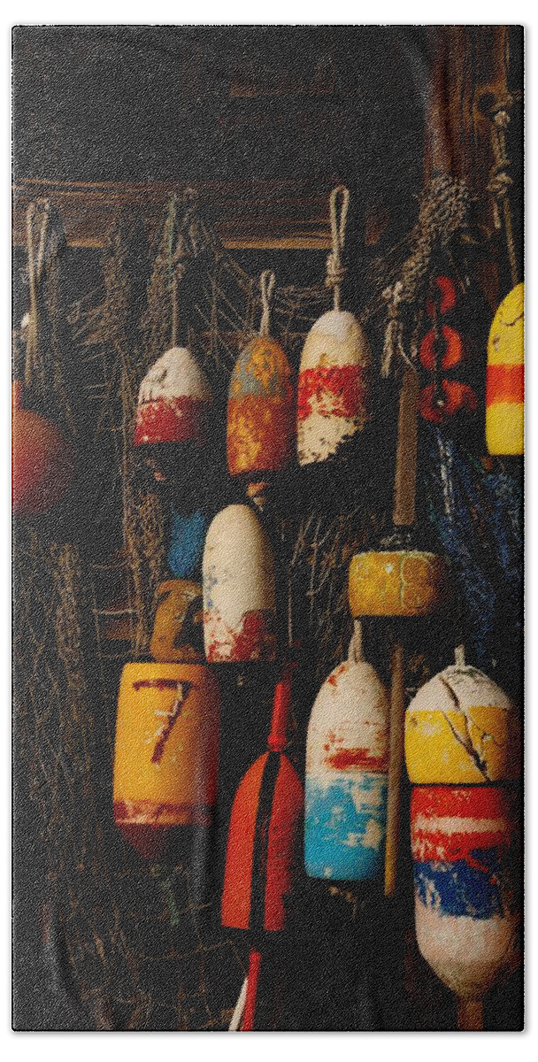 Rockport Bath Towel featuring the photograph Buoys on Fishing Shack - Greeting Card by Mark Valentine