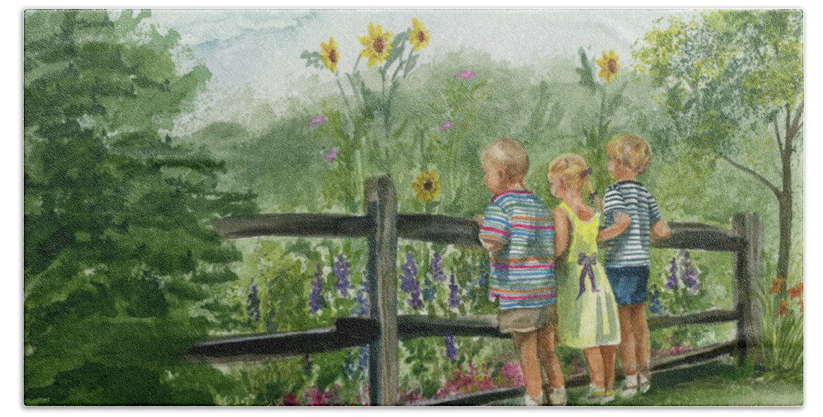 Children Hand Towel featuring the painting By the Garden Fence by Nancy Patterson