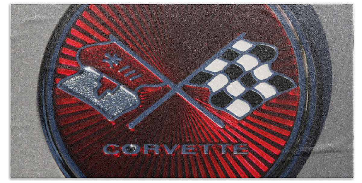 Corvette Bath Towel featuring the photograph C3 Corvette emblem silver by Dennis Hedberg