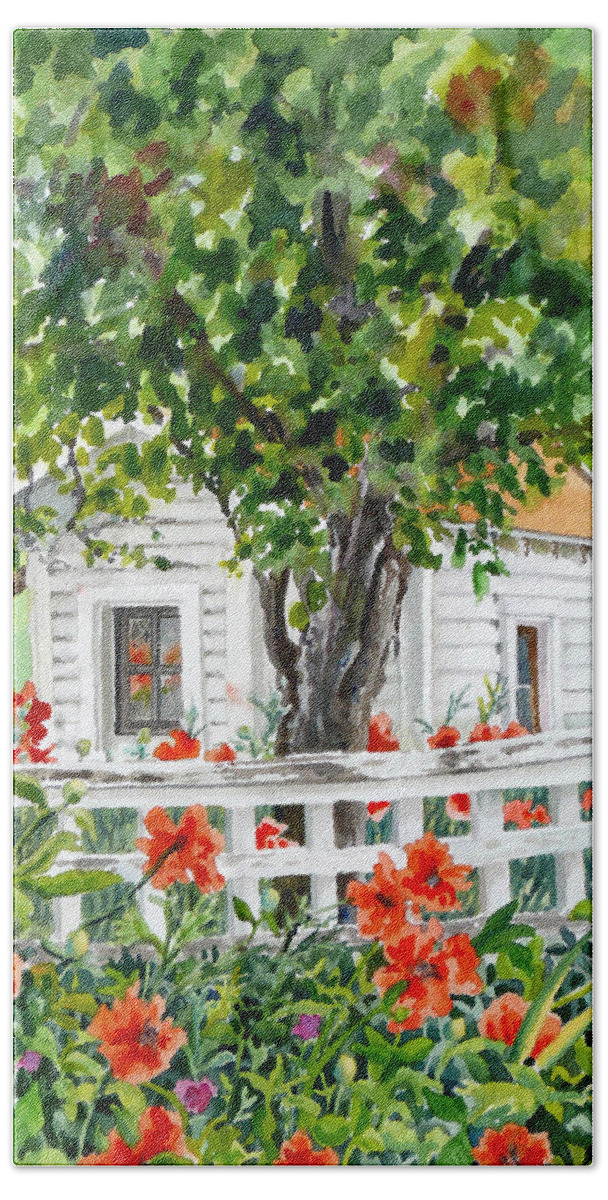 Cabin Painting Hand Towel featuring the painting Cabin at Long's Gardens by Anne Gifford