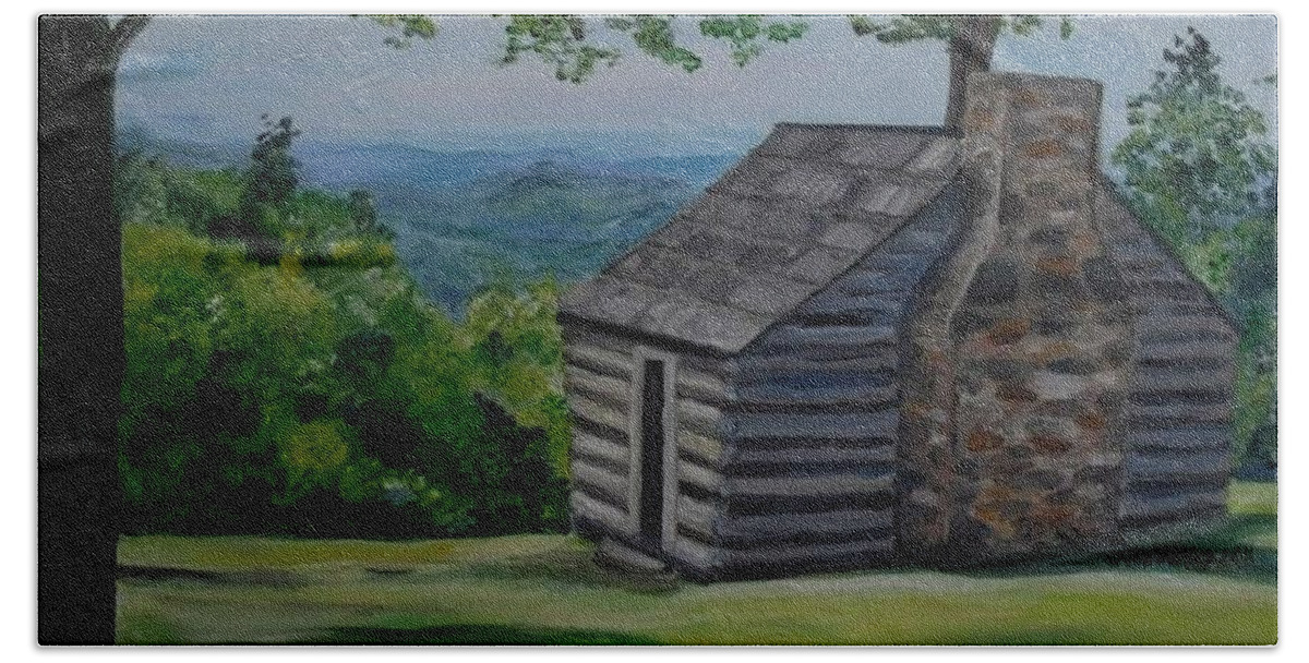 Blue Ridge Parkway Bath Towel featuring the painting Cabin on the Blue Ridge Parkway in VA by Julie Brugh Riffey