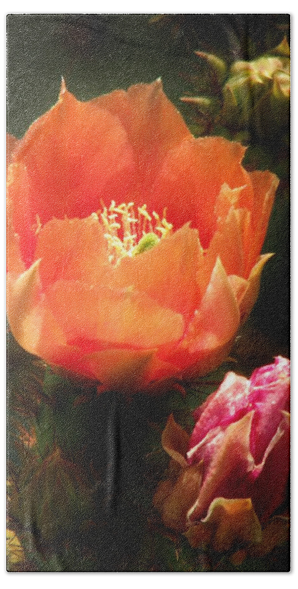Red Cactus Flower Hand Towel featuring the photograph Cactus Flower with Bud by Life Inspired Art and Decor