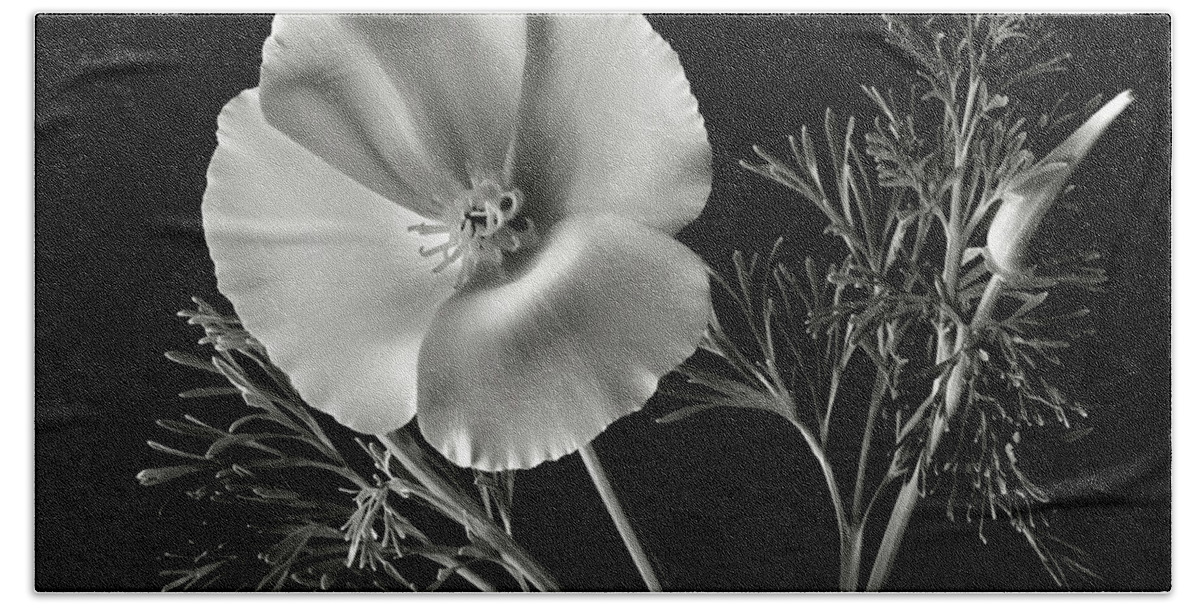 Flower Bath Towel featuring the photograph California Poppy in Black and White by Endre Balogh