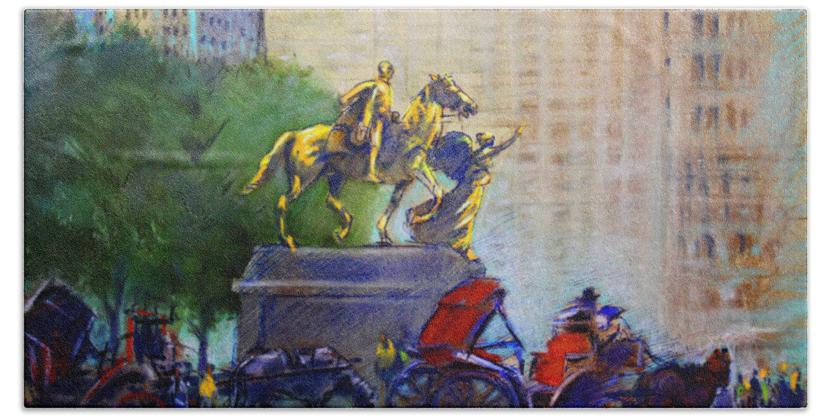 Ny City Hand Towel featuring the pastel Carriage Rides in NYC by Ylli Haruni