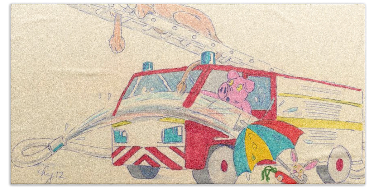 Red Bath Towel featuring the drawing Cartoon Fire Engine and Animals by Mike Jory