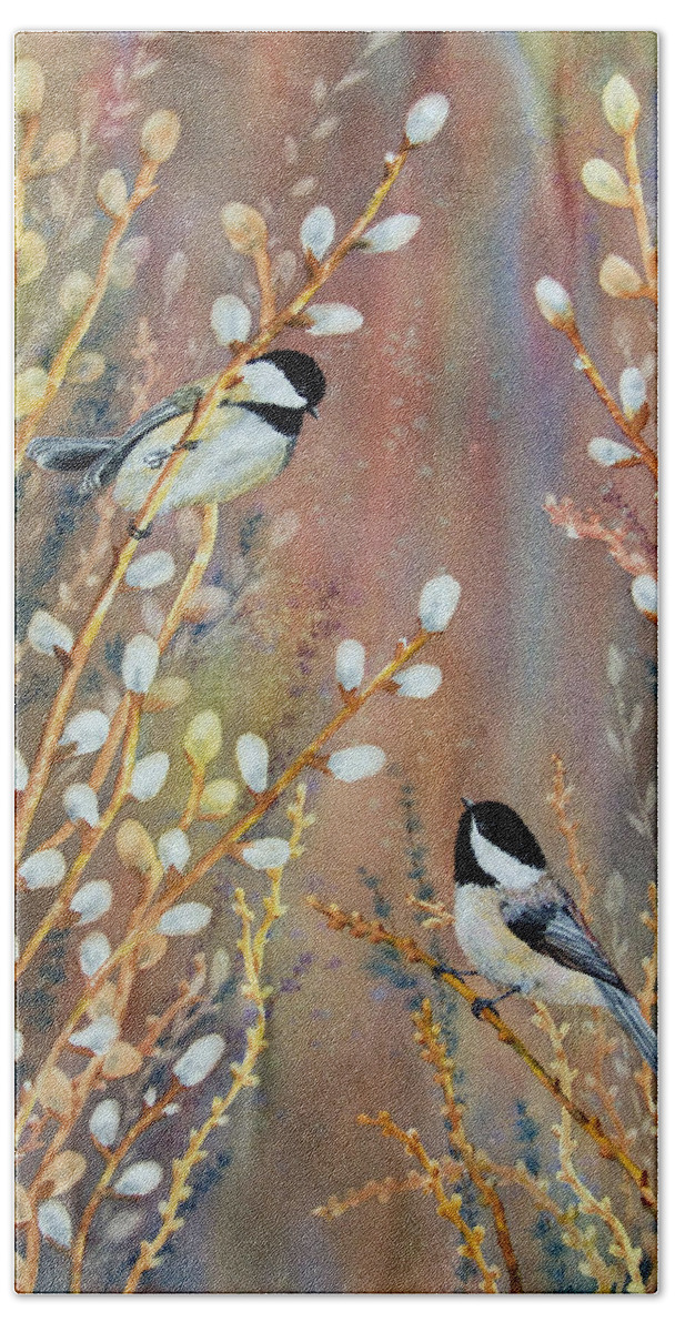 Chickadee Bath Sheet featuring the painting Checking Out The Action by Dee Carpenter