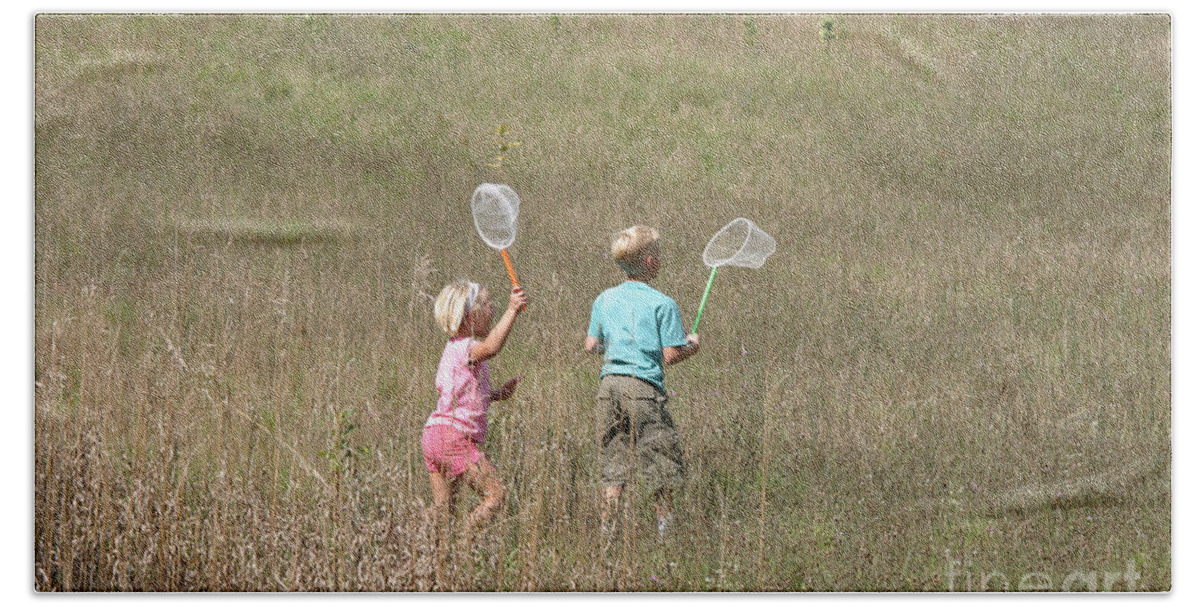 Science Hand Towel featuring the photograph Children Collecting Insects by Ted Kinsman