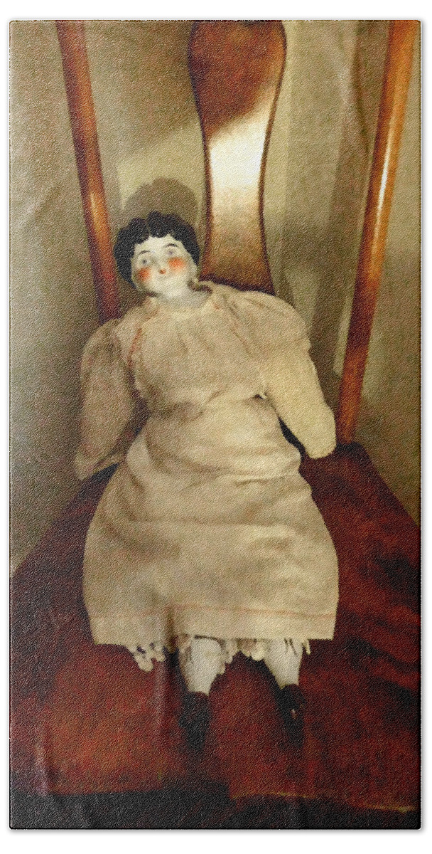 Doll Bath Towel featuring the photograph China Doll on Chair by Susan Savad
